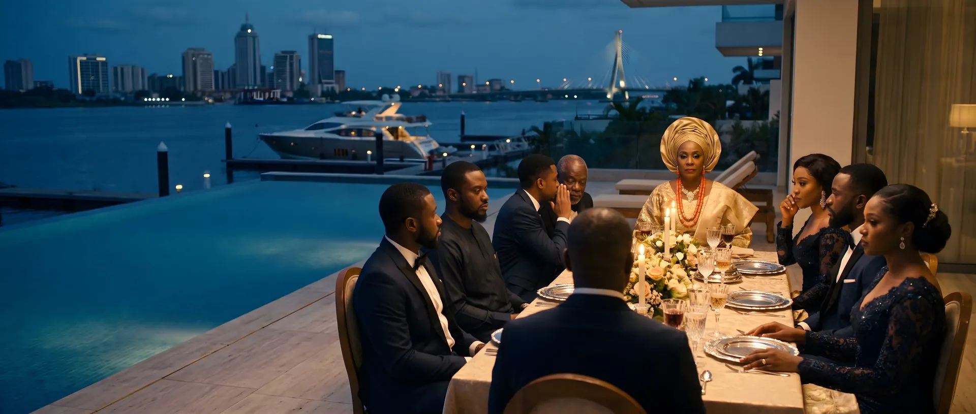 A Lagos matriarch in a gold gele presides over a candlelit family dinner beside an infinity pool, a yacht and the Lekki-Ikoyi Link Bridge behind