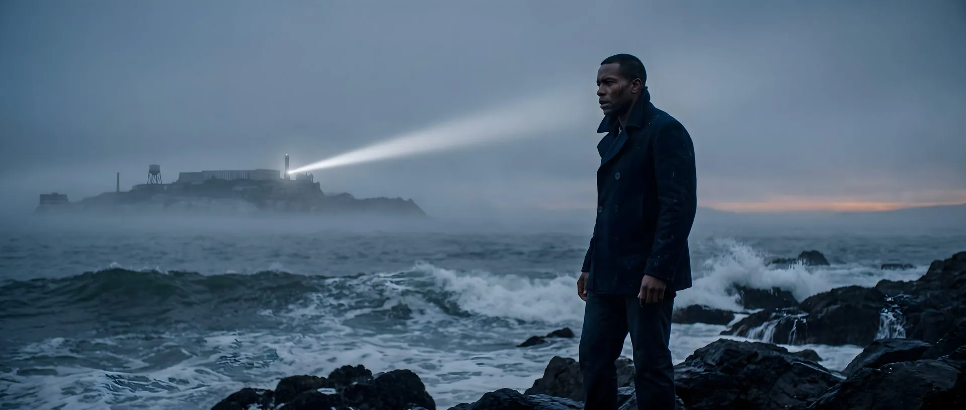 An operative in a pea coat stands on wet rocks as a searchlight sweeps from Alcatraz through the fog