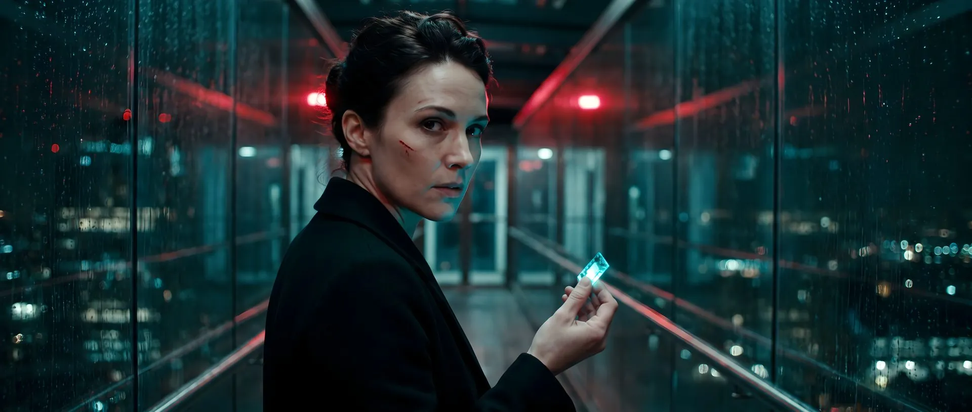A woman with a cut on her cheek looks back over her shoulder in a rain-streaked glass skybridge, a glowing chip in her hand