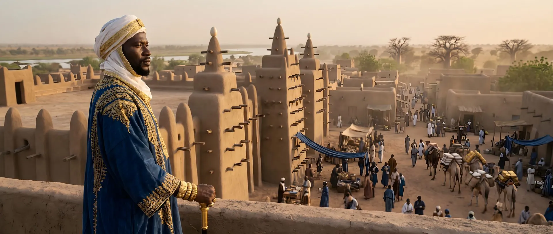 Mansa Musa in an indigo and gold boubou stands on an earthen rooftop above Djenne-style towers and a market square with a salt caravan, the Niger river beyond